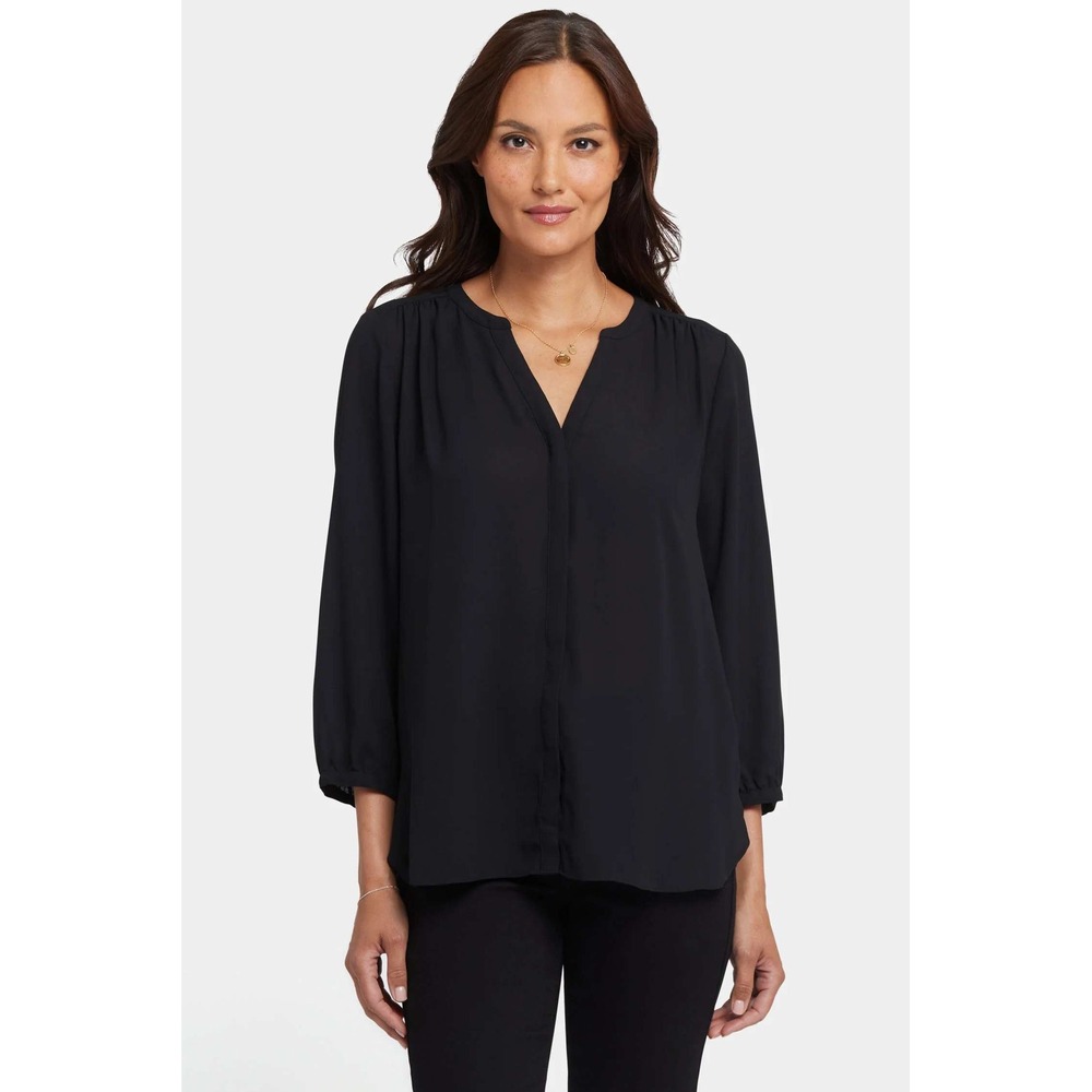 NYDJ Pintuck Blouse V-Neck 3/4 Sleeve Pleated Back Top Solid Black Size 1X Large